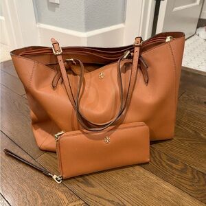Tory Burch Cognac Saffiano Leather Tote with Zip Wallet